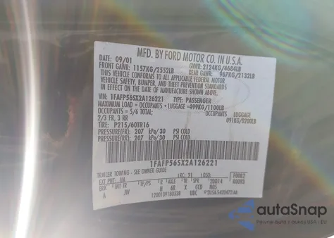 2002 Ford Taurus Sel from USA, damaged, VIN 1FAFP56SX2A126221